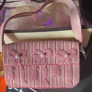 Anthropologie Pink Striped Beaded Shoulder Bag